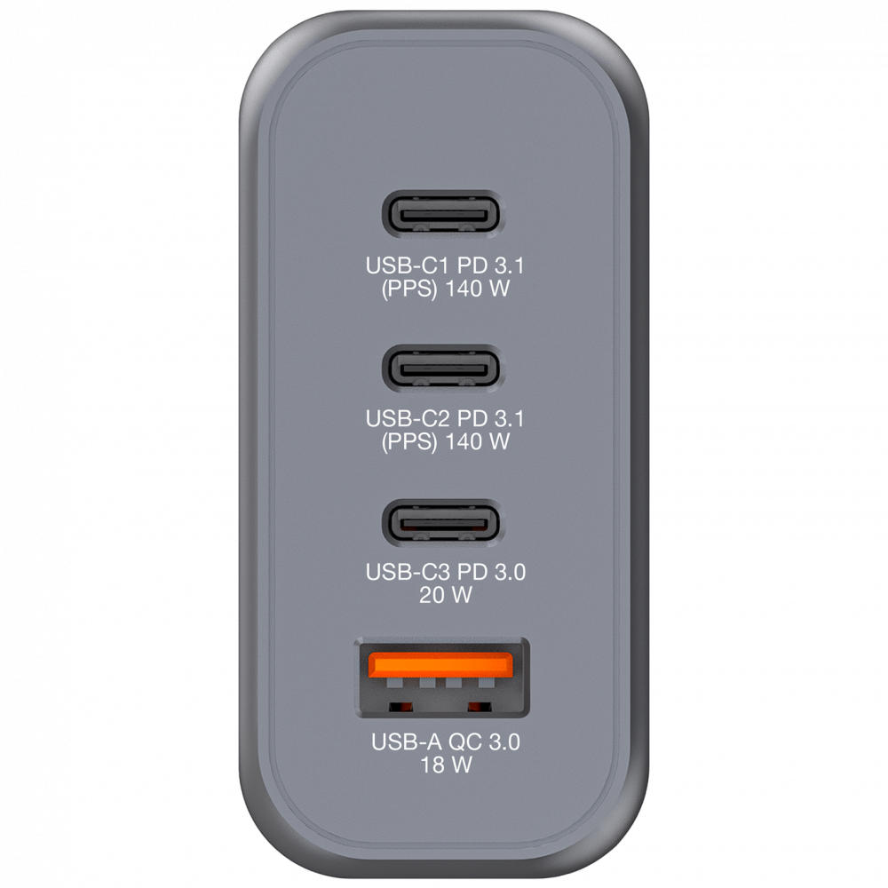 140 W GaN-wandoplader met vier poorten 2 x USB-C® PD 140 W / 1 x USB-C® PD 20 W / 1 x USB-A QC 3.0 (EU/VK/VS)