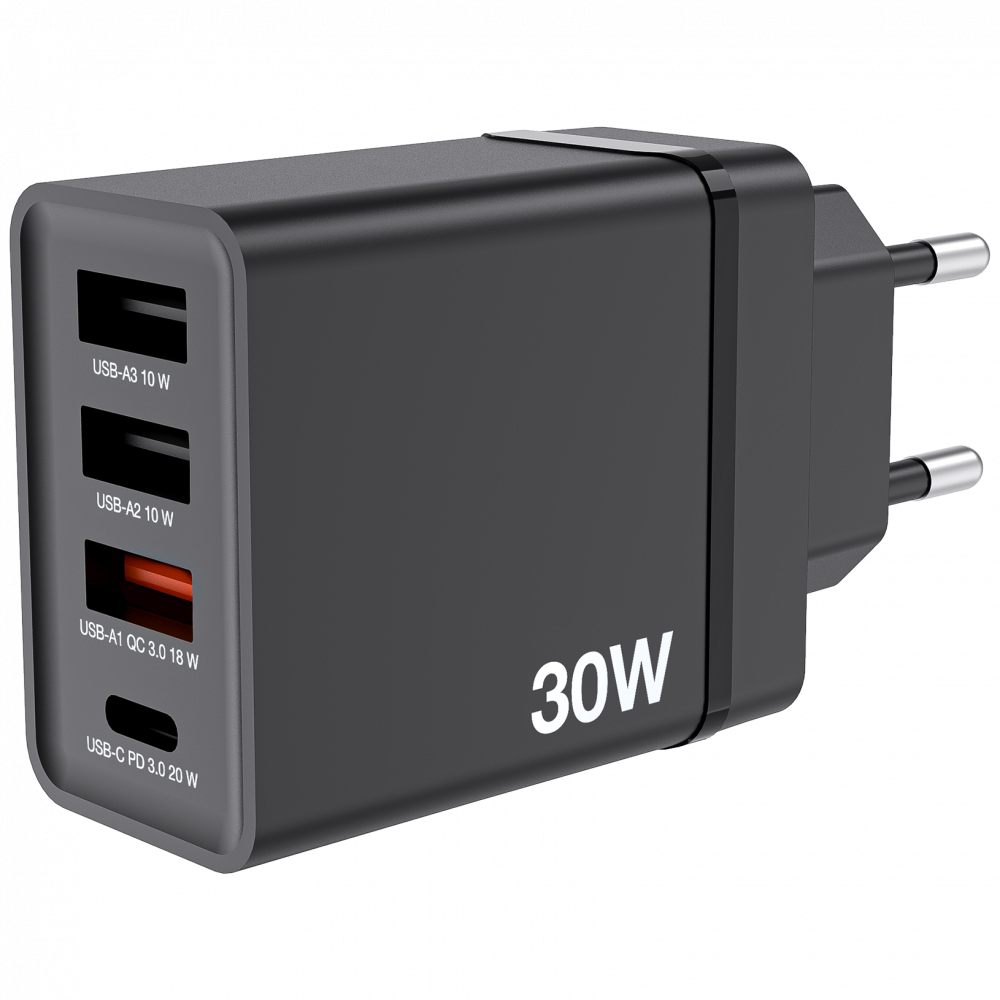 30 W USB-wandoplader met vier poorten - zwart 1 x USB-C® PD 20 W / 1 x USB-A QC 3.0 / 2 x USB-A 10 W (EU)